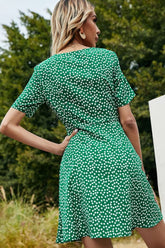 Robe imprimée à manches régulières et col en V avec lien sur le devant